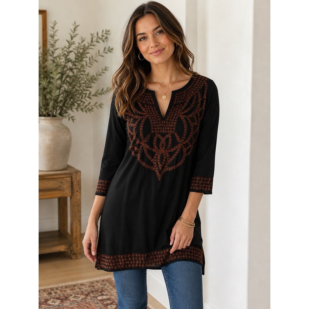 Gretchen Scott Designs Small Tunic Top 100% Rayon Black Gold Embroidered
